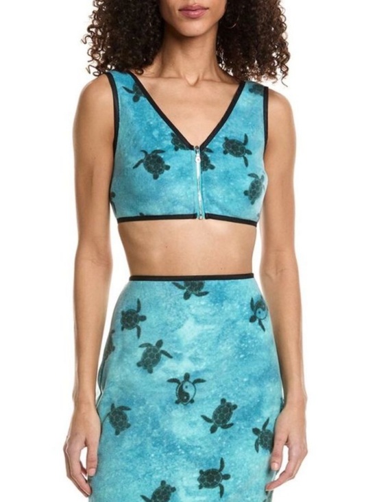 STAUD Tops - NWT STAUD Turquoise Turtle Print Fleece Springs Crop Top Black Trim Size 10
